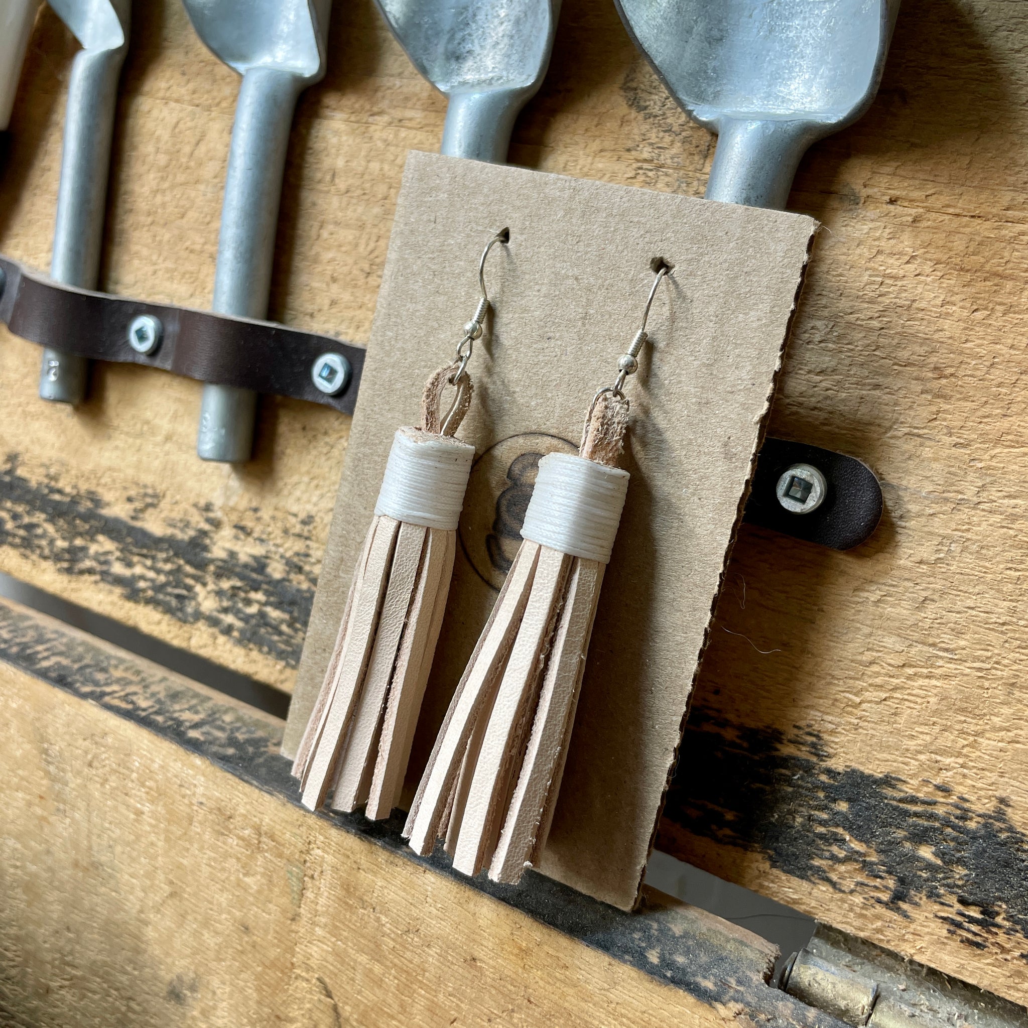 Tassel Earrings - Natural Leather and White