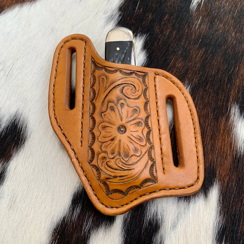 Hand Carved Sheridan-inspired, Floral patterened, Trapper Style Knife Sheath