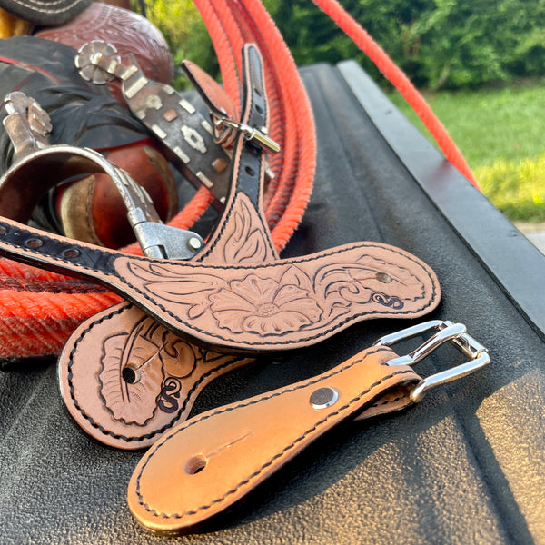 Two S Leatherwork Flower Tooled Curved Body Spur Straps