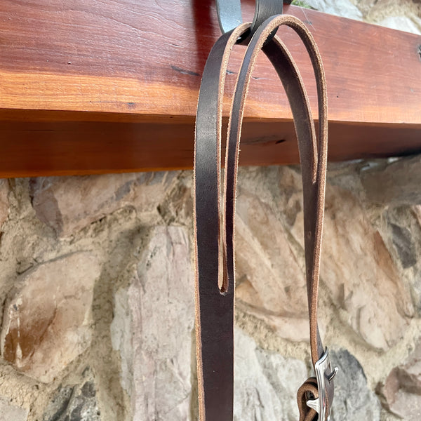 Functional and flashy slit ear working headstall made with latigo leather, Horse Shoe Brand by Jeremiah Watt hardware, and quick change lace. Slit Ear.