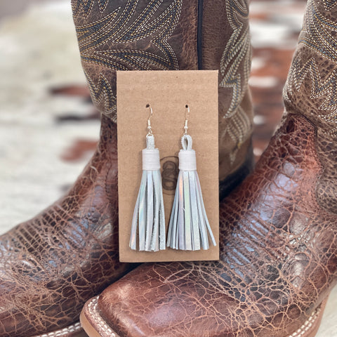 Metallic Silver leather tassel earrings with white thread.