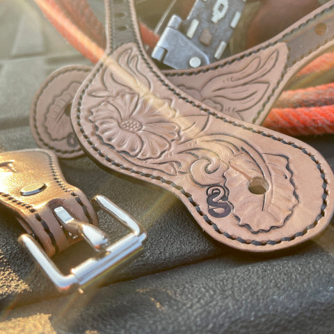 Two S Leatherwork Flower Tooled Curved Body Spur Straps