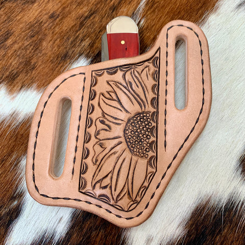 Hand Carved Sunflower Trapper Style Knife Sheath