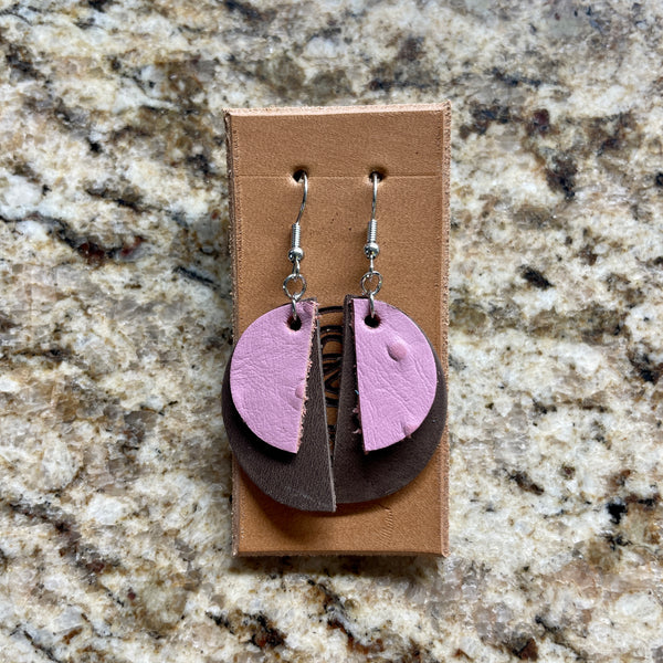 Half Moon Earrings - Pink Ostrich and Dark Brown