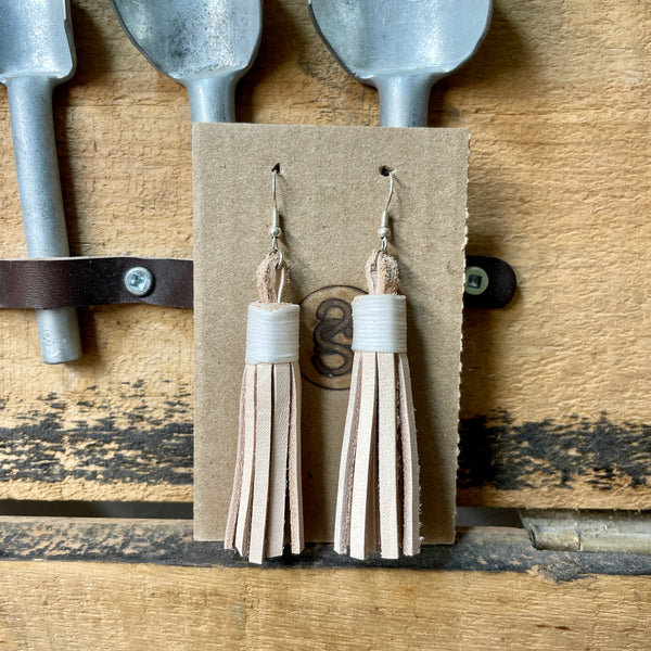 Tassel Earrings - Natural Leather and White